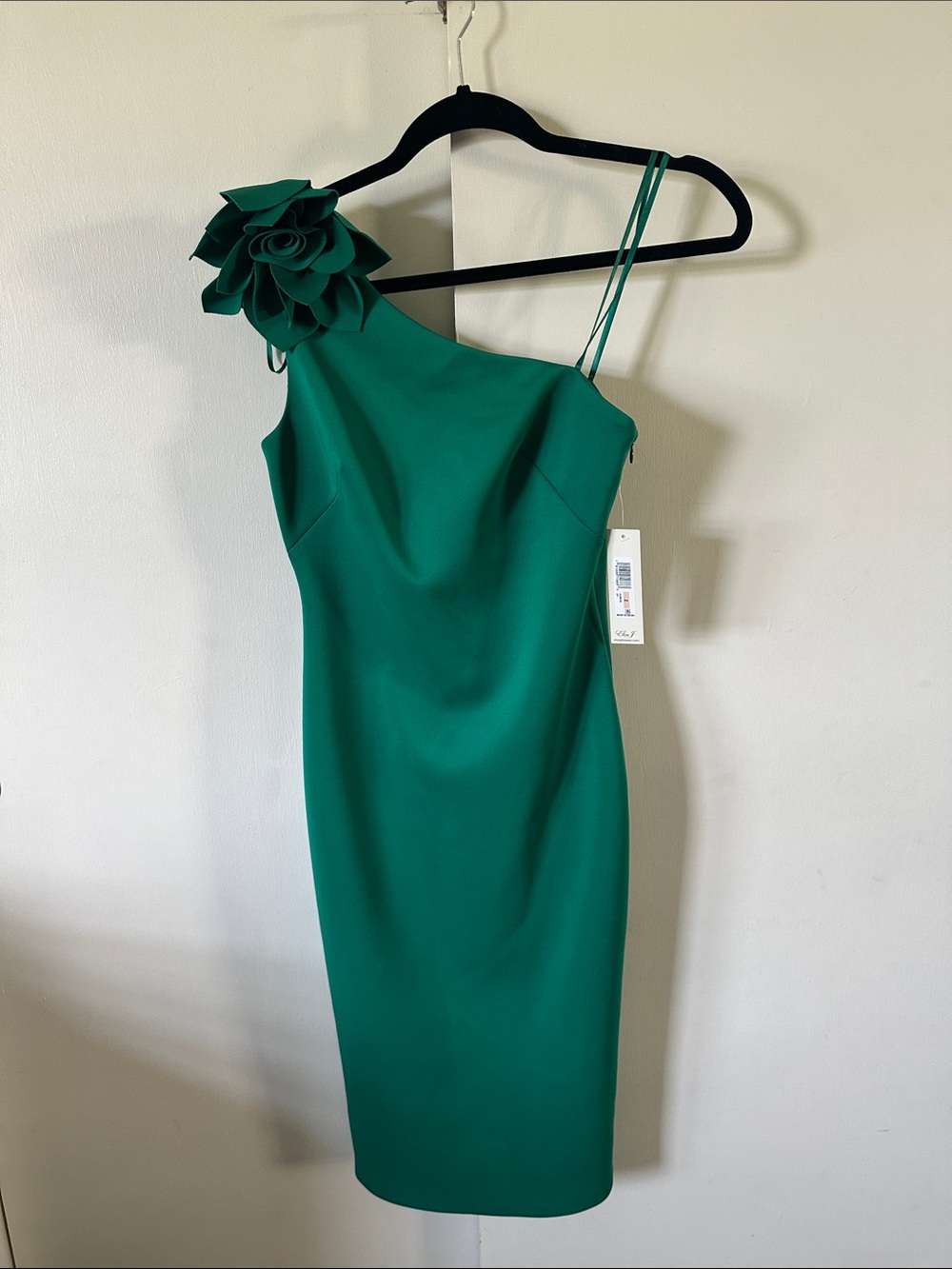 Eliza J Emerald One-Shoulder Dress with Floral Shoulder Detail